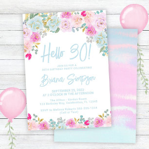 Invitation Fête d'anniversaire 30 ans Fleur Bleu Rose Pêche V