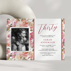 Invitation Fête d'anniversaire 30 ans Floral Aquarelle Rose