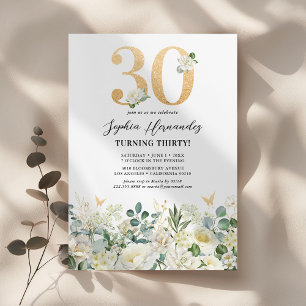 Invitation Fête d'anniversaire 30 ans Floral Vert & Blanc