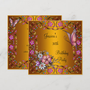 Invitation Fête d'anniversaire 30 ans Papillon floral rose Or