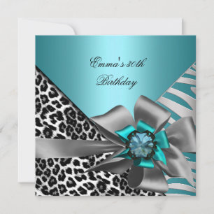 Invitation Fête d'anniversaire 30 ans Zèbre Léopard Bleu sarc