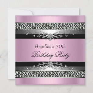 Invitation Fête d'anniversaire 30 ans Zèbre Noir Argent Rose