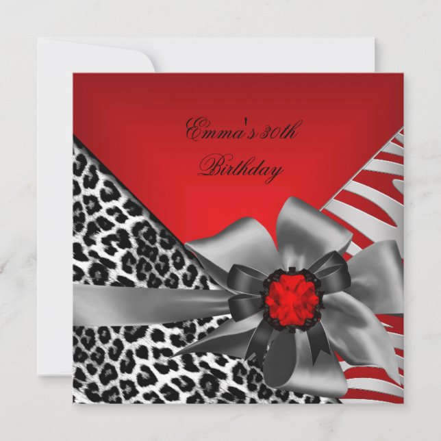 Invitation Fête d'anniversaire 30e Zebra Leopard Rouge Noir (Devant)