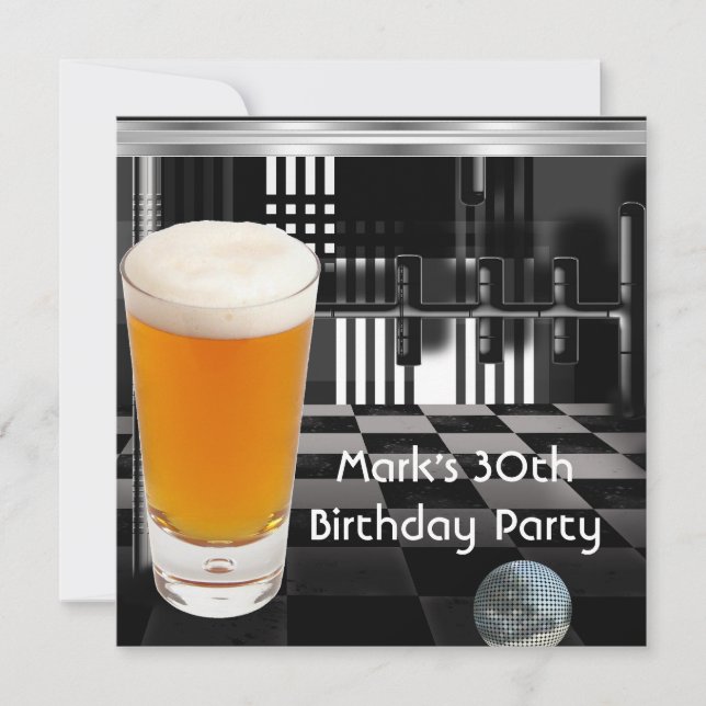 Invitation Fête d'anniversaire 30th Mens Bière Noir Blanc Arg (Devant)