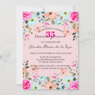 Invitation Fête d'anniversaire 35 ans aux fleurs roses vives