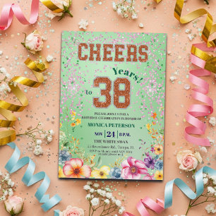 Invitation Fête d'anniversaire 38 ans Floral Pailleté Émeraud