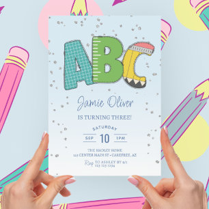 Invitation Fête d'anniversaire 3 ans Alphabet ABC Coloré