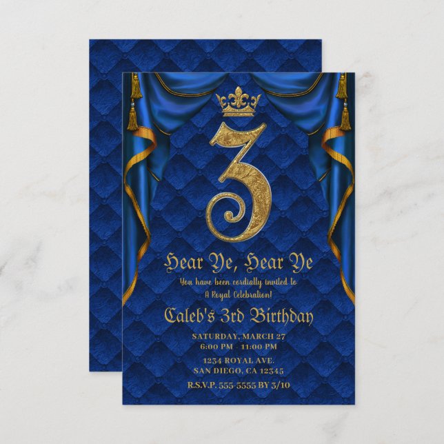 Invitation Fête d'anniversaire 3 ans Couronne Royale Bleu Or  (Devant / Derrière)