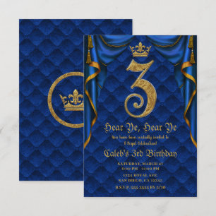 Invitation Fête d'anniversaire 3 ans Couronne Royale Bleu Or 