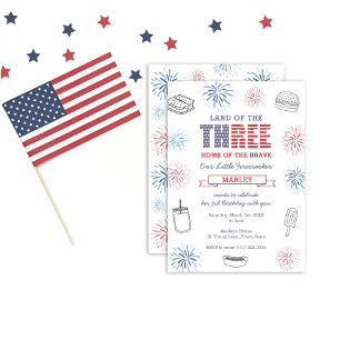 Invitation Fête d'anniversaire 3 ans Feu d'artifice Rouge Ble