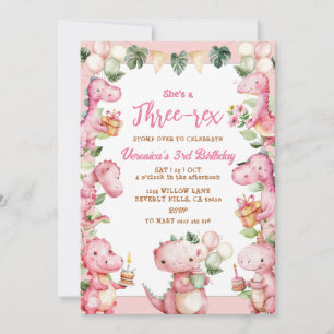 Invitation Fête d'anniversaire 3 ans fille Tea-Rex dinosaure 