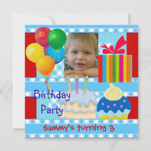 Invitation Fête d'anniversaire 3 ans garçon bleu rouge jaune
