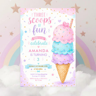Invitation Fête d'anniversaire 3 ans Pastel Rose Trois Boules