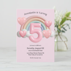 Invitation Fête d'anniversaire 3D Arc-en-ciel et Cœurs 5ème R