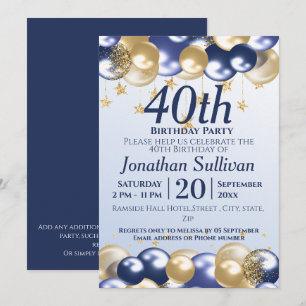 Invitation Fête d'anniversaire 40 ans Ballons dorés Navy