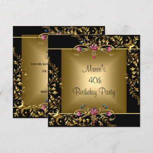 Invitation Fête d'anniversaire 40 ans Black Gold Floral Pink