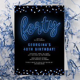 Invitation Fête d'anniversaire 40 ans Bleu Néon Adulte