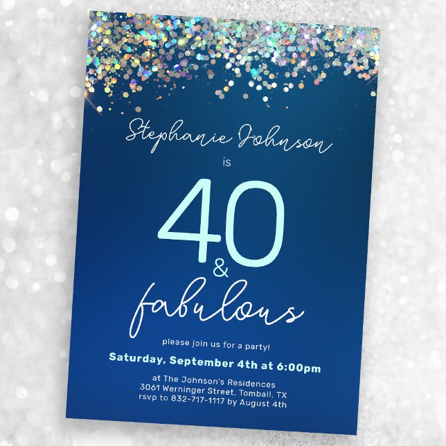 Invitation Fête d'anniversaire 40 ans Bleu Paillettes 40 et I (Mock-up view)