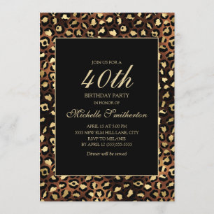 Invitation Fête d'anniversaire 40 ans Bronze Or Léopard Noir