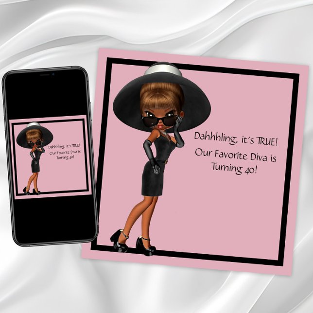 Invitation Fête d'anniversaire 40 ans femme diva noir amusant (Cute diva any birthday or event invitation. Instant download and printed invitations available.)