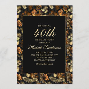 Invitation Fête d'anniversaire 40 ans Feuilles Noir Or Bronze