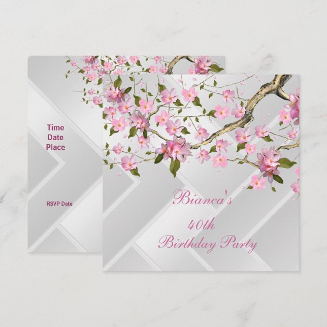 Invitation Fête d'anniversaire 40 ans Fleurs de cerisier blan (Devant / Derrière)