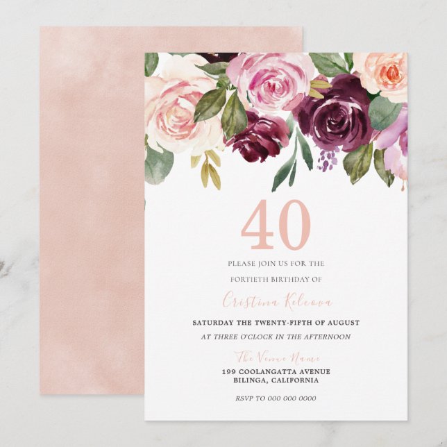Invitation Fête d'anniversaire 40 ans Fleurs Rose Pêche et Bo (Devant / Derrière)