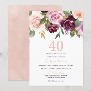 Invitation Fête d'anniversaire 40 ans Fleurs Rose Pêche et Bo