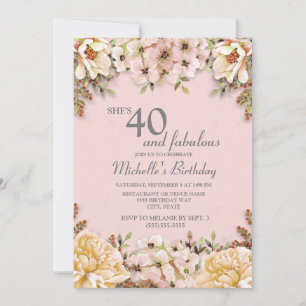 Invitation Fête d'anniversaire 40 ans Fleurs roses Champagne