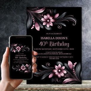 Invitation Fête d'anniversaire 40 ans Floral Black Pink
