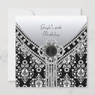 Invitation Fête d'anniversaire 40 ans Noir Blanc Damassé Diam