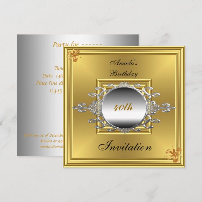 Invitation fête d'anniversaire 40 ans Or Argent (Devant / Derrière)