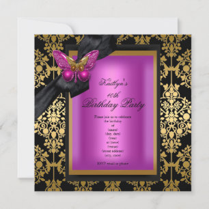 Invitation Fête d'anniversaire 40 ans Papillon damassé or ros