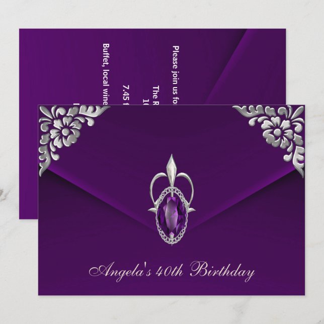 Invitation Fête d'anniversaire 40 ans Royal argent plum velou (Devant / Derrière)