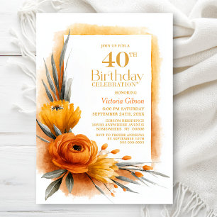 Invitation Fête d'anniversaire 40 ans Vibrante Orange Florale
