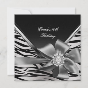 Invitation Fête d'anniversaire 40e Black Silver Zebra Diamond