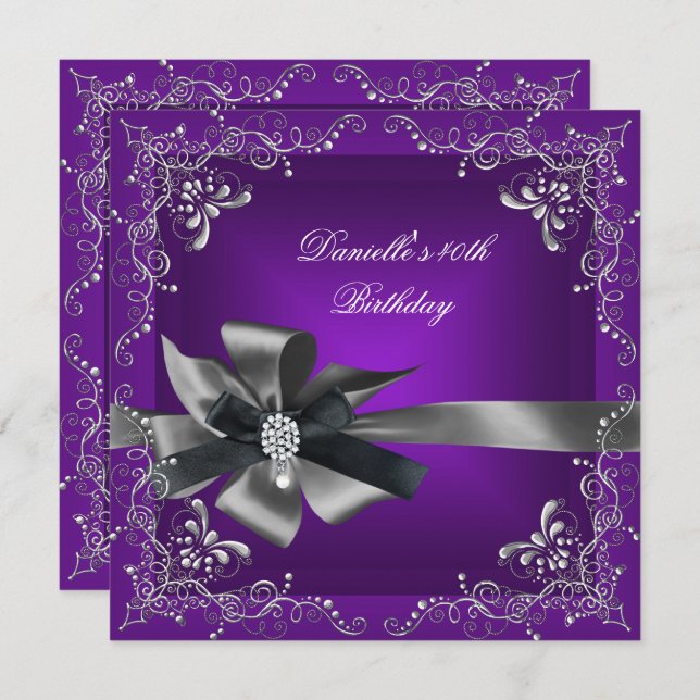 Invitation Fête d'anniversaire 40e Purple Silver Black Grey (Devant / Derrière)