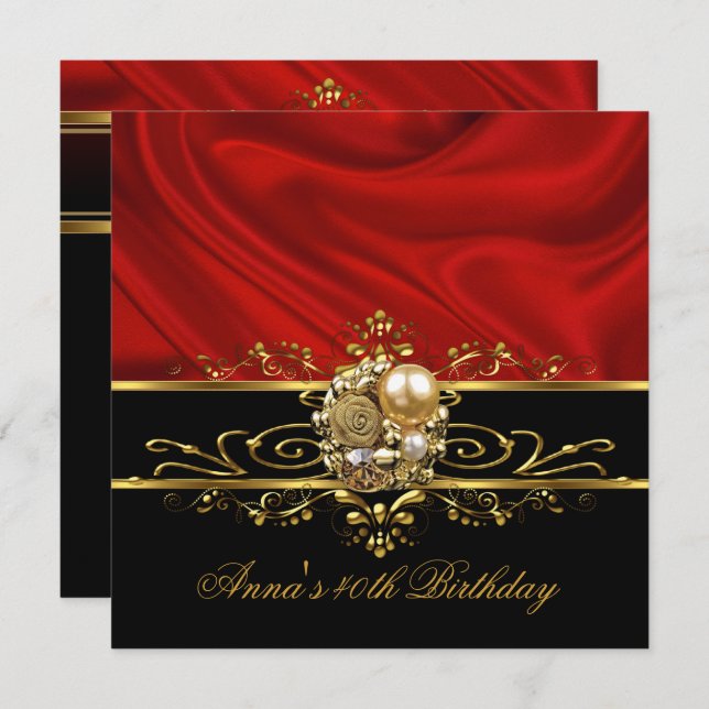Invitation Fête d'anniversaire 40e Rouge Silk Gold Black Stri (Devant / Derrière)