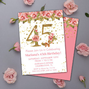 Invitation Fête d'anniversaire 45 ans Floral Rose Gold Paille