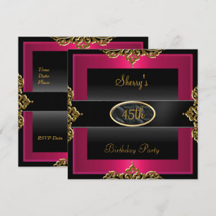 Invitation Fête d'anniversaire 45 ans Rose Rouge Noir Or 2