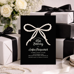 Invitation Fête d'anniversaire 45 ans Ruban Perle Noir Blanc