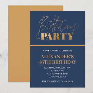 Invitation Fête d'anniversaire 46 ans chic moderne or bleu ma
