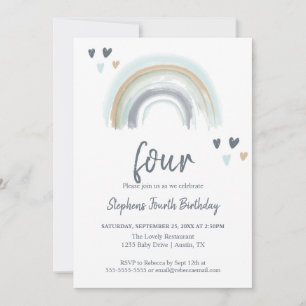 Invitation Fête d'anniversaire 4 ans Blue Boho Rainbow