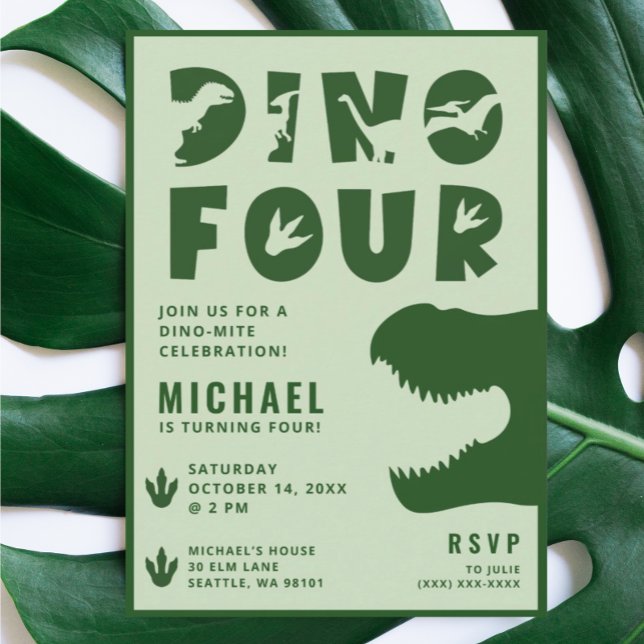 Invitation Fête d'anniversaire 4 ans Dino Four Dinosaure Vert (Créateur téléchargé)