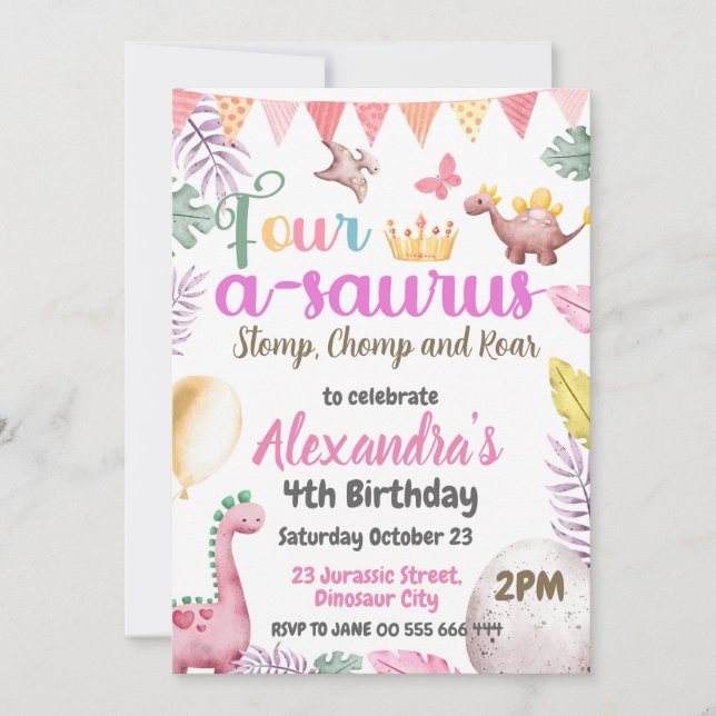 Invitation Fête d'anniversaire 4 ans du dinosaure Quatre-à-Sa (Devant)