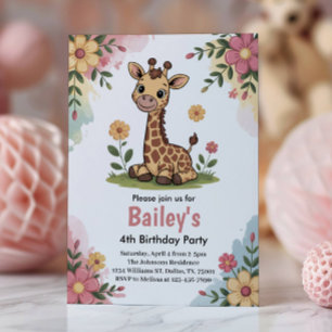 Invitation Fête d'anniversaire 4 ans Fleurs Enfant Girafe Jun