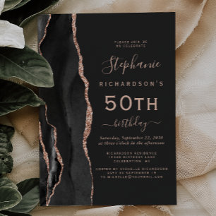 Invitation Fête d'anniversaire 50 ans Black Rose Gold Agate D