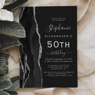 Invitation Fête d'anniversaire 50 ans Black Silver Agate Dark