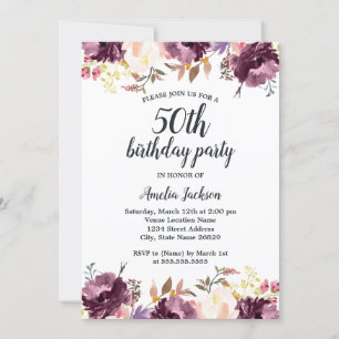 Invitation Fête d'anniversaire 50 ans Fleurs violettes aquare