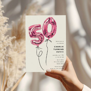 Invitation Fête d'anniversaire 50 ans Minimal Rose 50 Ballon